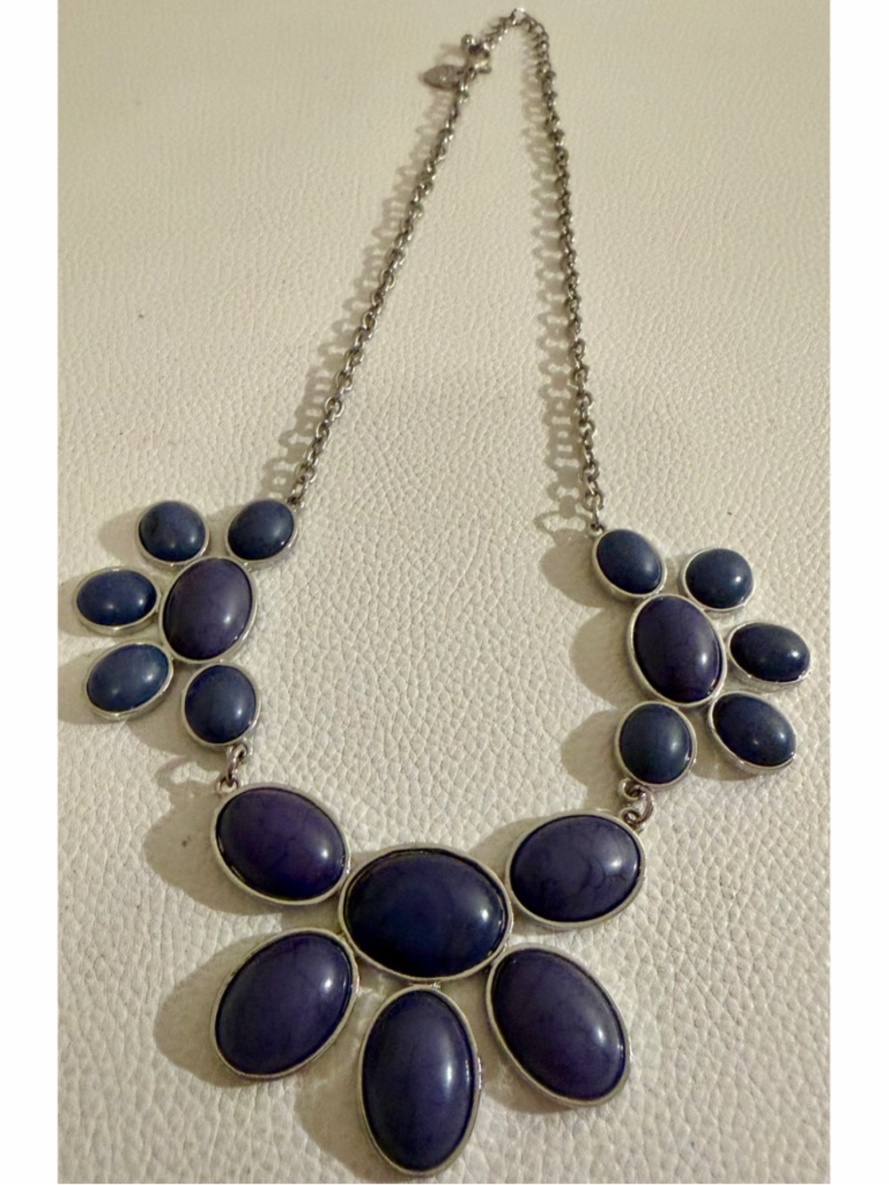 Charming Charlie Blue Statement Necklace Silver Tone Bib Chunky Floral Jewelry